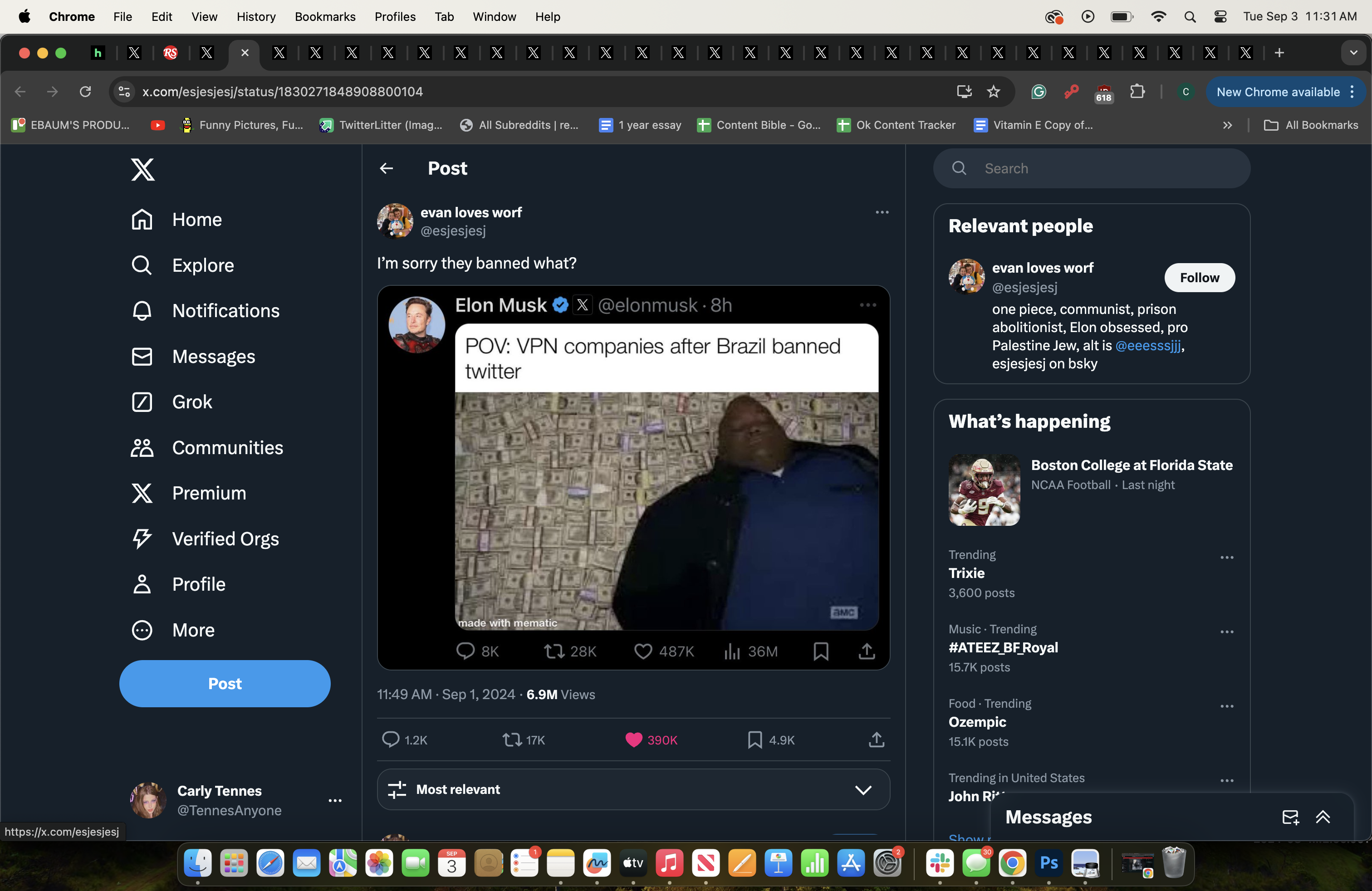 Video - Chrome File Edit View History Bookmarks Profiles Tab Window Help Sealms Produ X X X X X X X X X X X x X x X Xxxx x.comesjesjesstatus1830271848908800104 X G Funny Pictu Post evan loves worl Tue Sep 3 New Chromeb Content bleGo Content Track Vitamin 